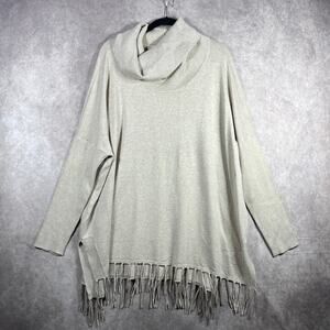 Boston Proper Sweater Womens Large Tan‎ Knit Turtleneck Fringe Hem Pullover